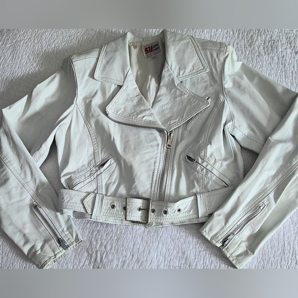 ✨️Vintage S&U Leather NYC women's White Leather Biker Jacket Size M